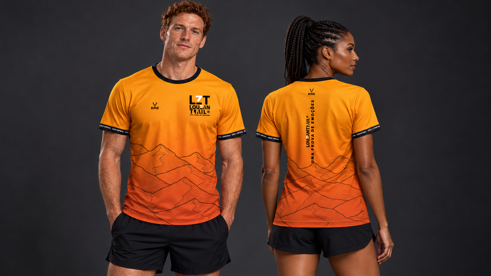 T-shirt oficial Louzantrail 2027, num mockup de estúdio com um modelo masculino de frente e uma modelo feminina de costas.