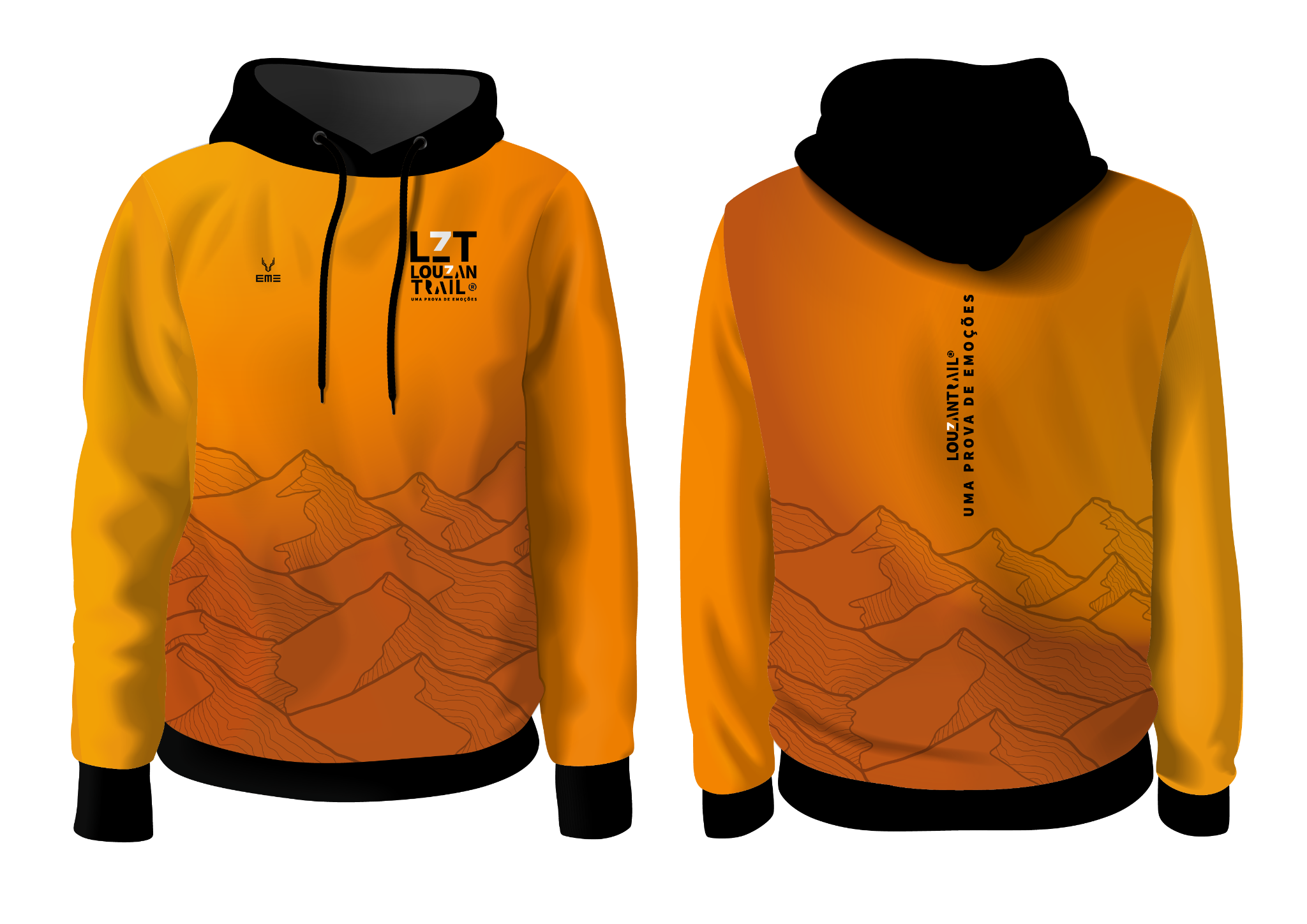 Merch oficial Louzantrail 2027: sweatshirt laranja com capuz preto, vista de frente e de costas.