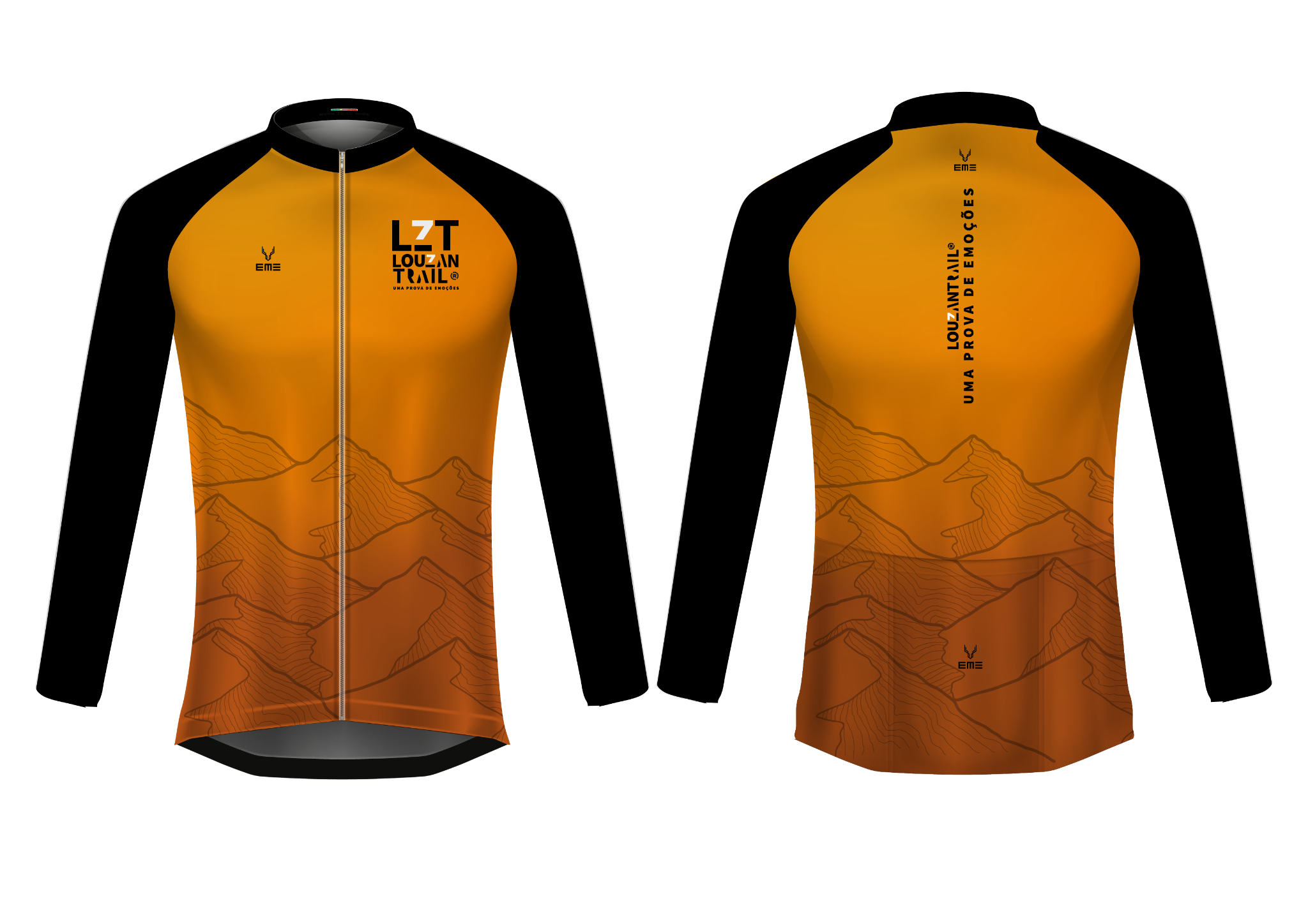 Merch oficial Louzantrail 2027: casaco laranja com mangas pretas e fecho frontal, vista de frente e de costas.