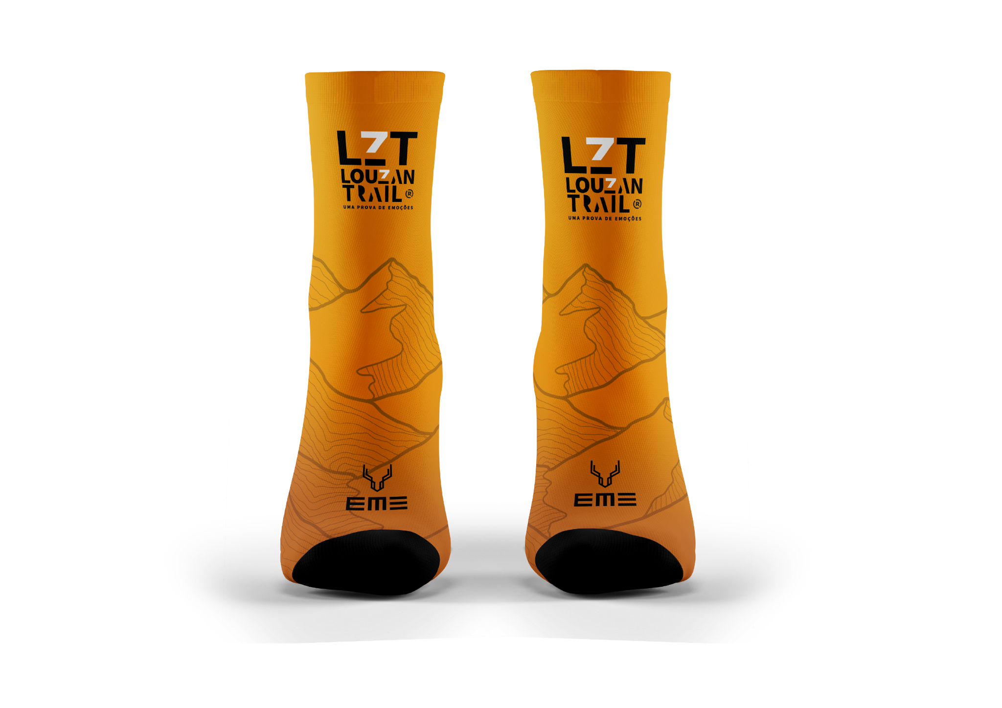 Merch oficial Louzantrail 2027: meias laranja com logótipo LZT e desenho de montanhas.